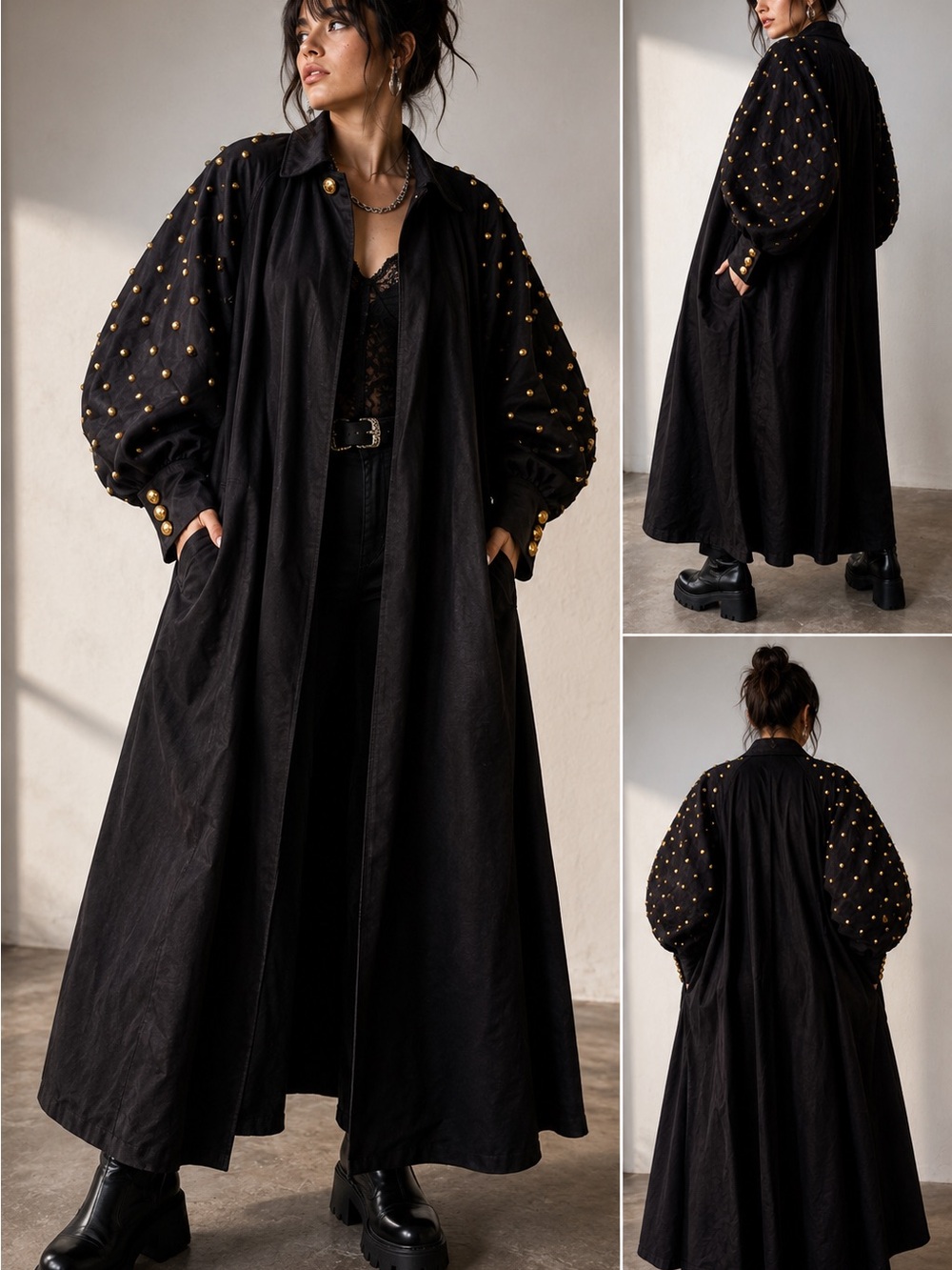 Vintage 80s Black Studded Maxi Duster Jacket Oversized Statement Sleeves Coat L